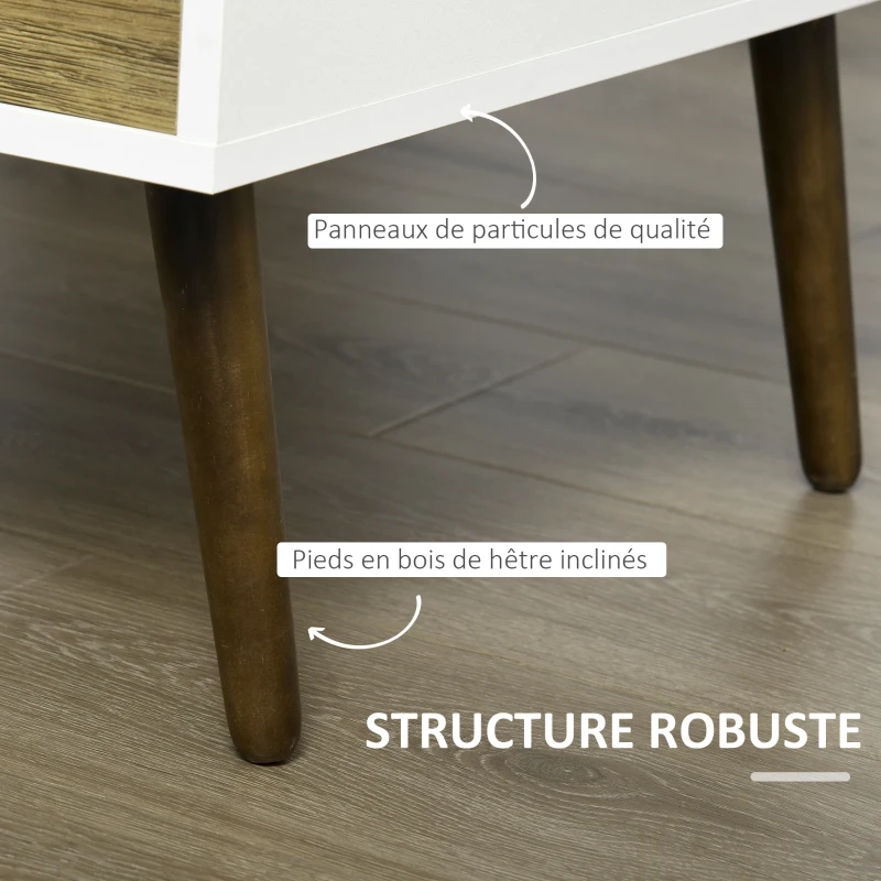 HOMCOM Table Basse rectangulaire 4 tiroirs coulissants façades Aspect chêne doré Pieds effilés Bois de hêtre Panneaux Particules Blanc