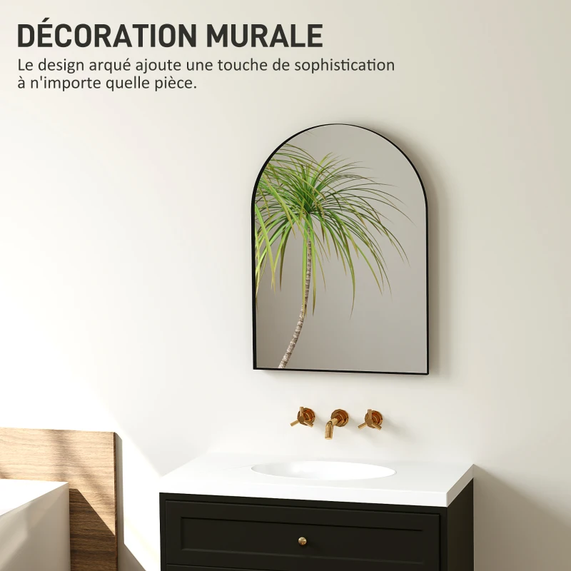 HOMCOM Miroir mural arqué miroir de salle de bain avec cadre en alliage d'aluminium pour chambre salon entrée 50 × 70 cm noir