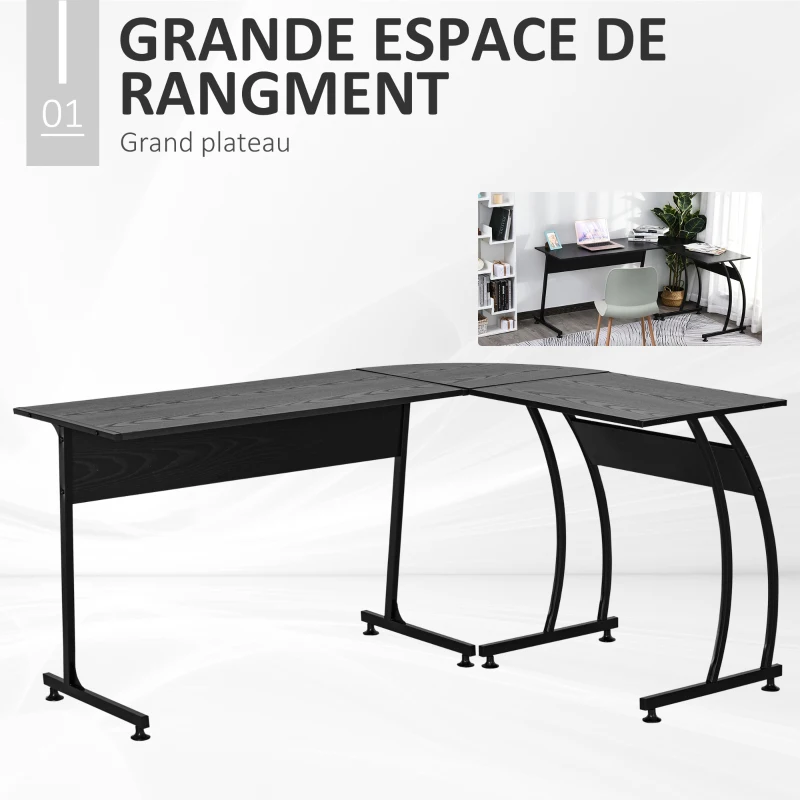 HOMCOM Bureau Informatique multimédia Bureau d'angle Design Contemporain métal Blanc Imitation Bois Noir