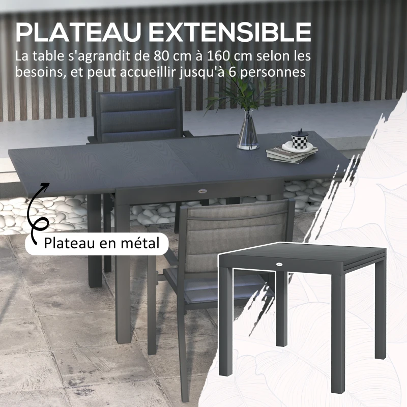 Outsunny Salon de jardin ensemble table et chaises 5 pièces avec 1 table à manger extensible 4 chaises dossier haut gris foncé