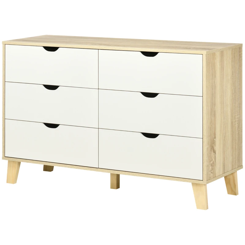 HOMCOM Cómoda con 6 Cajones Cajonera para Dormitorio Salón Estudio Estilo Moderno 120x40x76 cm Natural y Blanco(m-10)