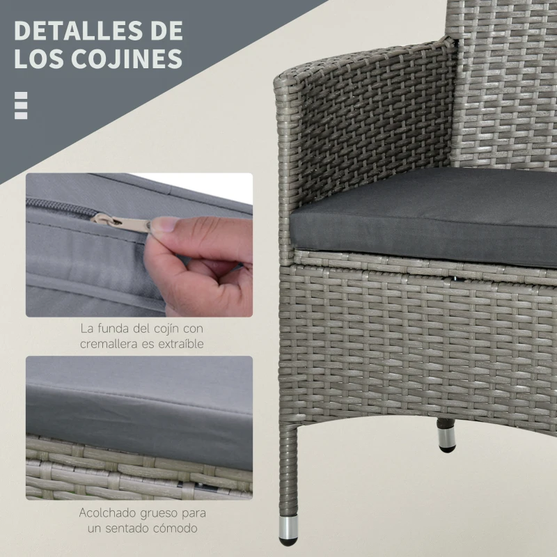 Outsunny Conjunto de Muebles para Jardín Juegos de Muebles de Ratán Incluye 1 Mesa y 2 Sillones con Cojines Estructura de Metal para Terraza Patio Gris