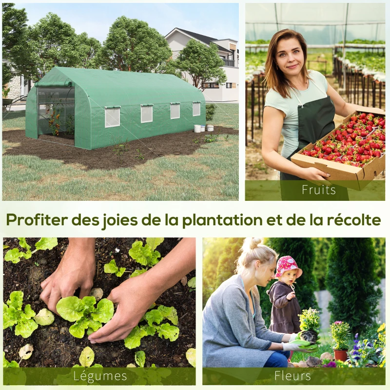 Outsunny Serre tunnel de jardin porte + 8 fenêtres enroulables métal galvanisé bâche PE haute densité métal galvanisé vert