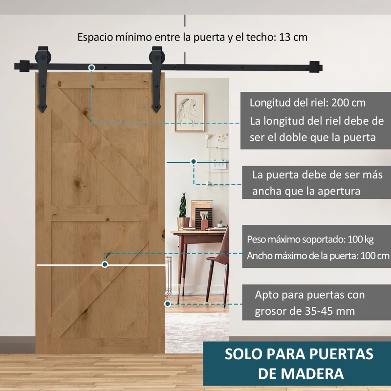 HOMCOM Herraje para Puerta Corredera 200 cm Tipo Flecha Kit de Accesorios para Puerta Corrediza Granero de Madera Negro