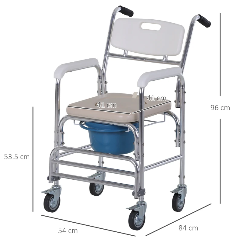 HOMCOM Sedia a Rotelle Impermeabile con WC Seduta in Ecopelle, 4 Ruote, Vaso Rimovibile per Anziani/Disabili, 84x54x96cm