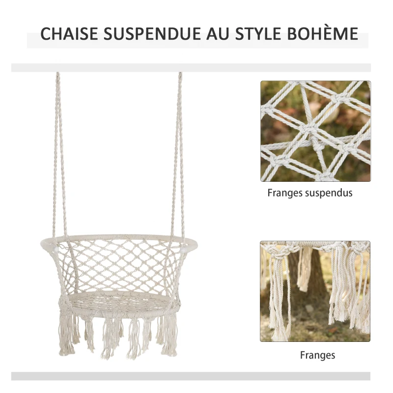 Outsunny Chaise Suspendue hamac de Voyage Portable dim. 80L x 60l x 36H m macramé Coton Polyester Beige