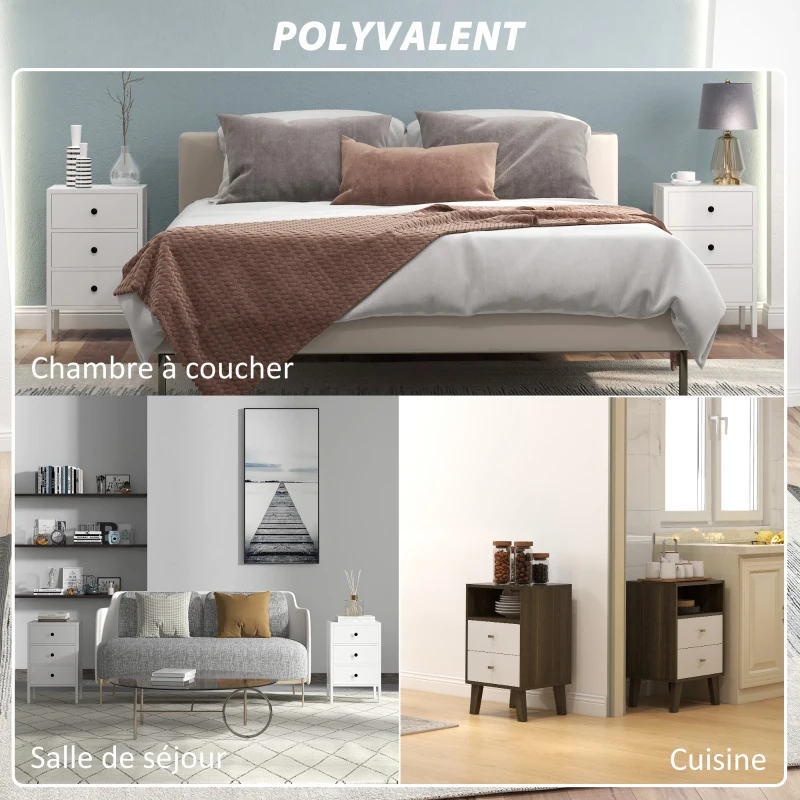 HOMCOM Lot de 2 tables de chevet, tables d'appoint, 3 tiroirs pour chambre en bois 40L x 30l x 64H cm blanc