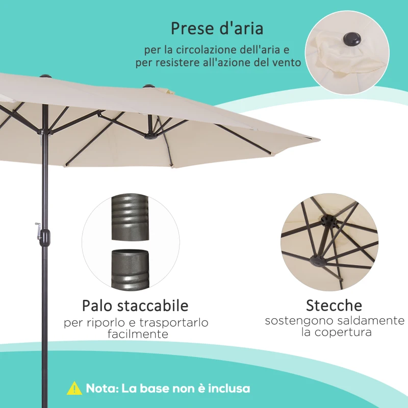 Outsunny Ombrellone Doppio da Giardino 4.6x2.7 m a 12 Stecche con Prese d'Aria e Manovella, Ombrellone per Esterni in Acciaio e Poliestere, Anti UV, Beige