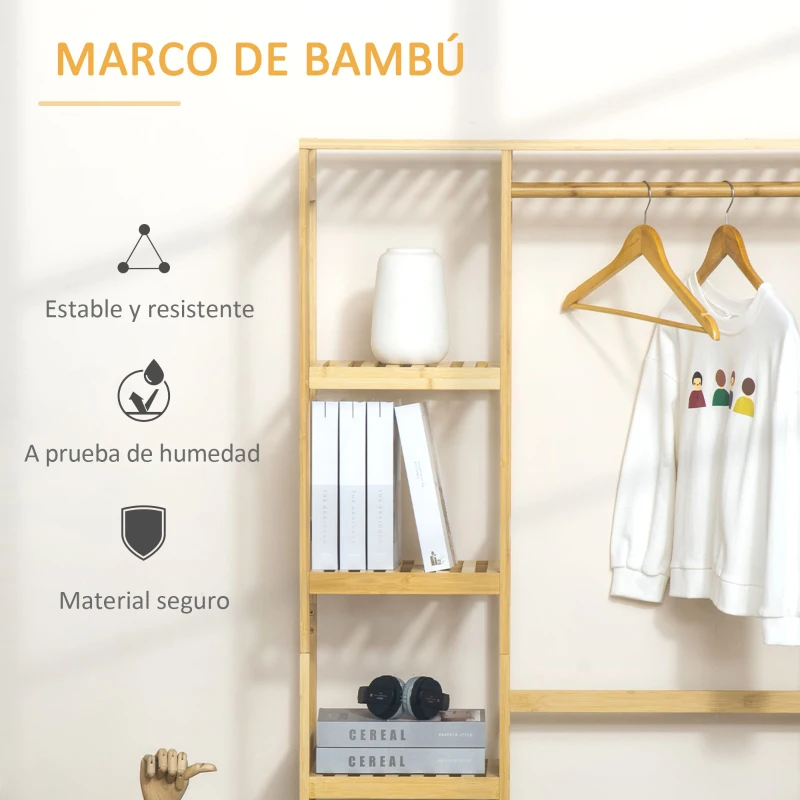 HOMCOM Perchero Burro de Bambú Perchero de Pie con Estantería de 4 Niveles con Barra Estante Inferior y Colgador Lateral para Ropa Bolsas Dormitorio 90x30x155 cm Natural