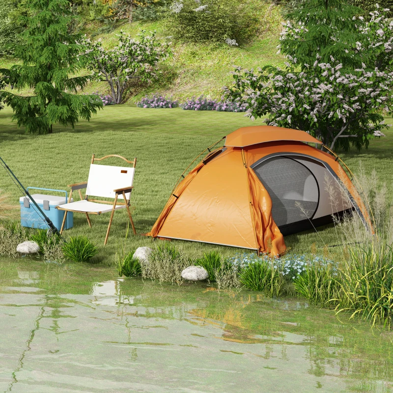 Outsunny Aluminium Frame Camping Tent Dome Tent with Removable Rainfly, 2000mm Waterproof, for 1-2 Man, Orange
