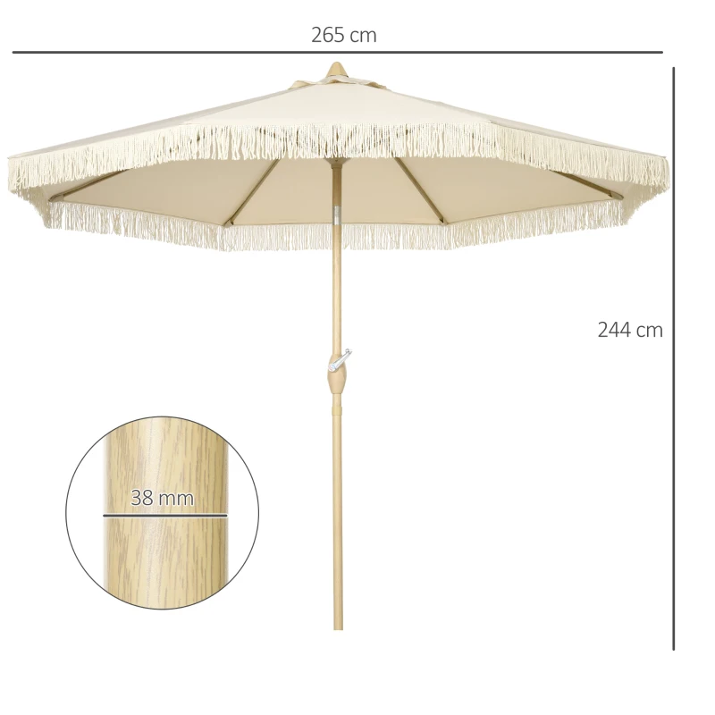 Outsunny Parasol de jardin inclinable parasol avec manivelle à franges style bohème 8 baleines Ø 265 x 244H cm crème