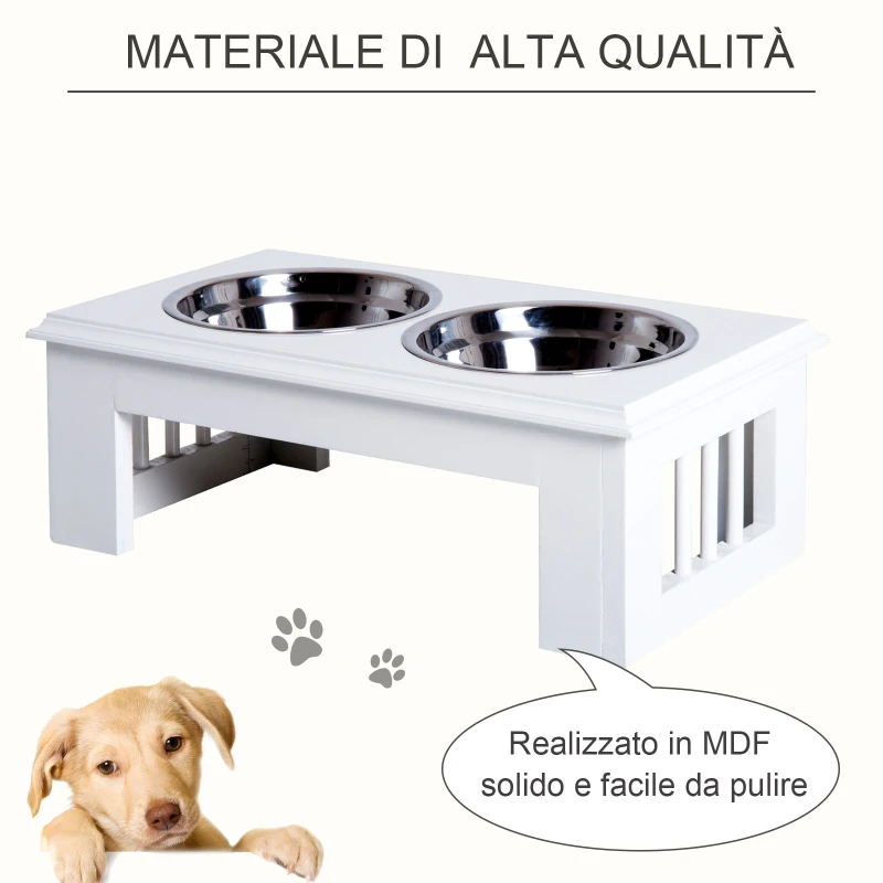 PawHut Ciotole Rialzate per Cani Taglia Piccola ed Extra Piccola, Supporto Portaciotole in MDF con 2 Ciotole in Acciaio Inox per Cibo e Acqua, Bianco