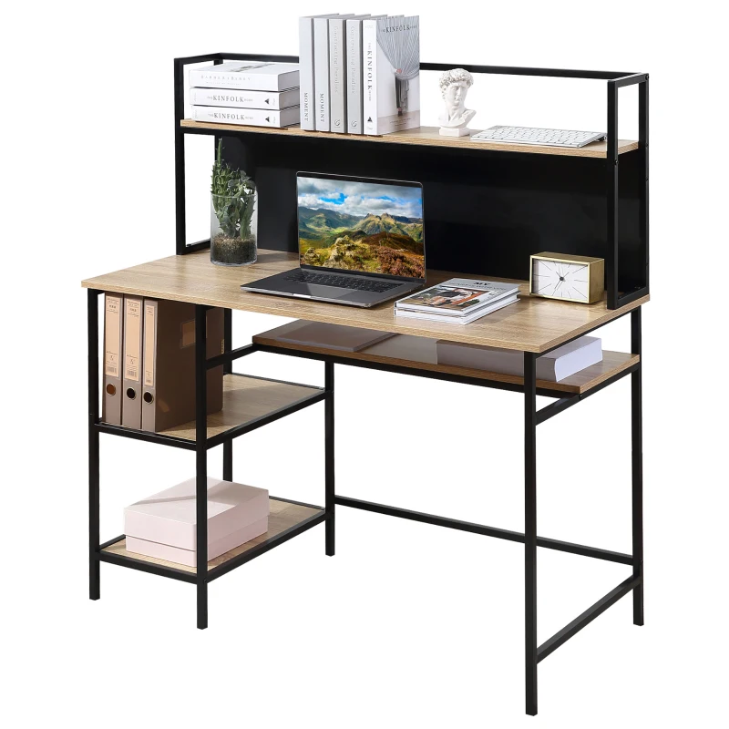 HOMCOM Bureau avec rangement bureau informatique avec 4 étagères, grand plateau et panneau noir pour salon chambre 120L x 53l x 126H cm, chêne et noir