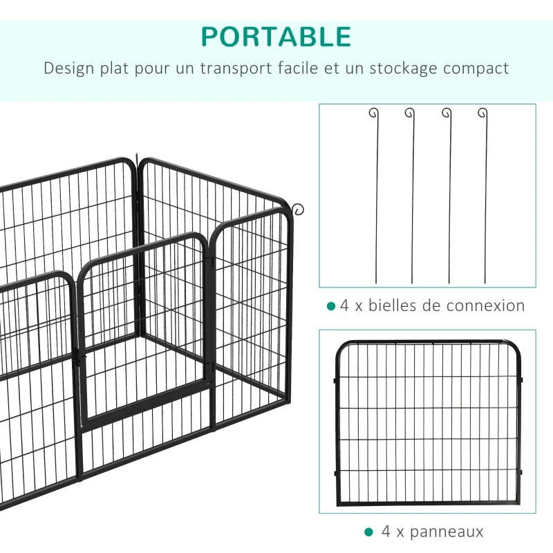 PawHut Luxe parc enclos modulable acier 4 panneaux et 1 porte pour chiens, lapins, rongeurs, petits animaux, intérieur et extérieur 125L x 70H cm noir