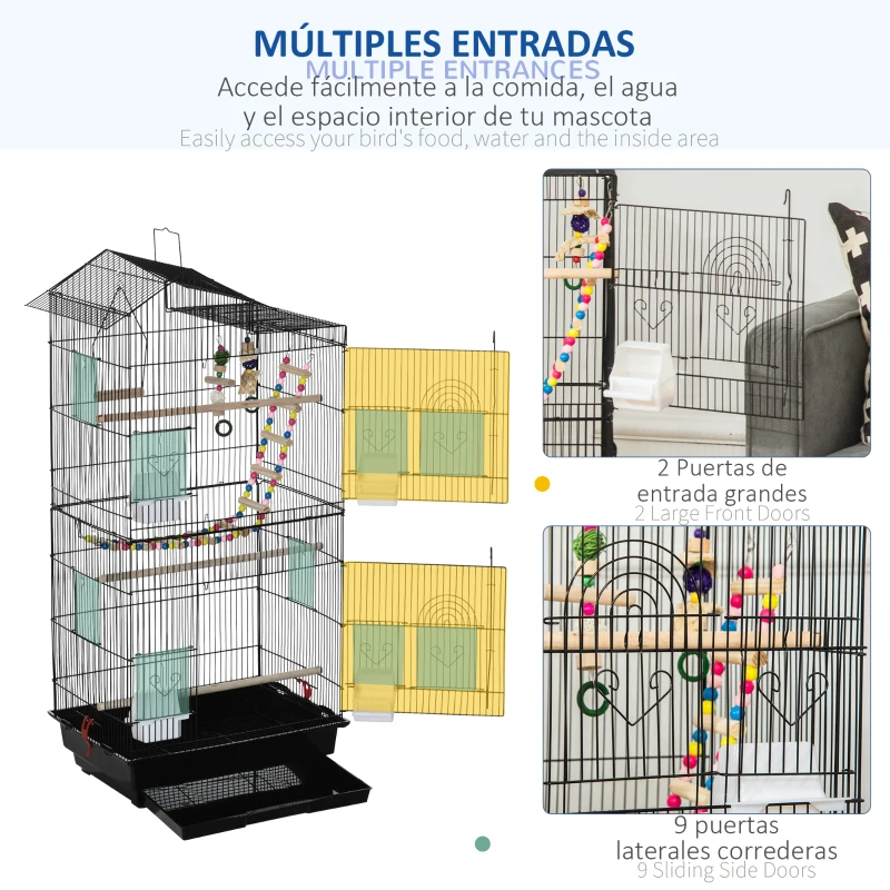PawHut Jaula para Pájaros Pajarera con Múltiples Puertas 4 Comederos 3 Perchas Columpio Escaleras y Bandeja Extraíble para Loros Canarios Periquitos 46x36x100 cm Negro