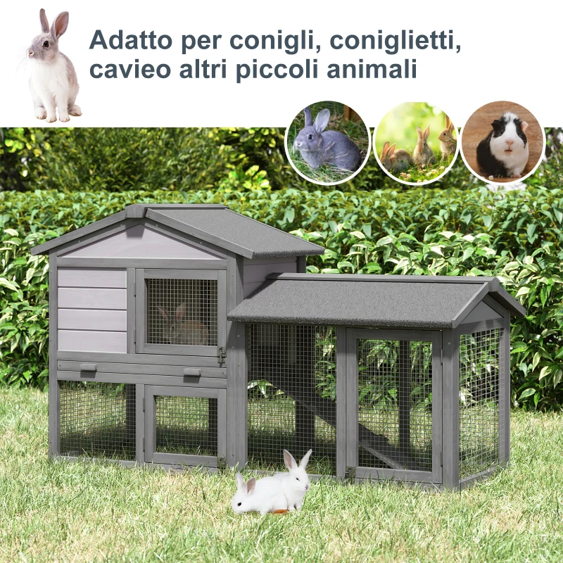 PawHut Conigliera Gabbia per Conigli in Legno da Esterno con Casetta, Spazio Aperto Recintato e Tetto 147x54x84cm