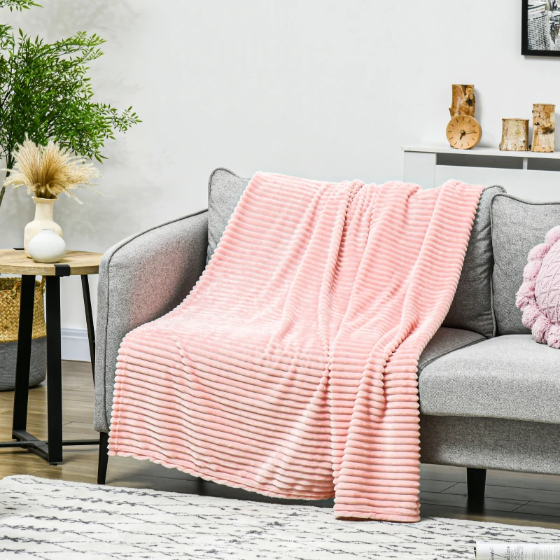 HOMCOM Flannel Fleece Blanket for Sofas, All-Season Fluffy Warm Throw Blanket for Bed, Couch, Chair, Striped Reversible Travel Bedspread, Single Size, 152 x 127cm, Pink