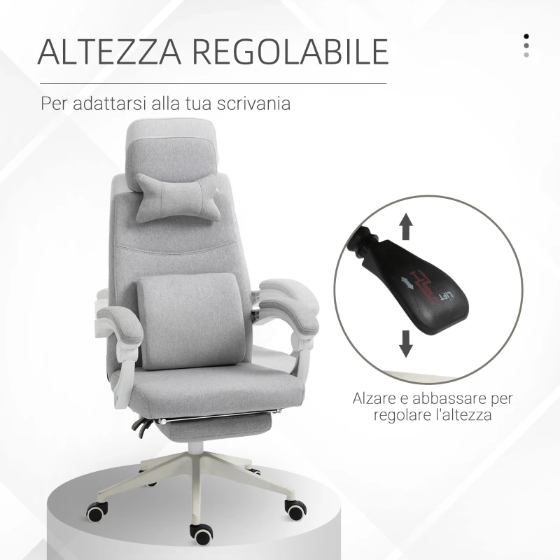 Vinsetto Sedia da Ufficio Ergonomica, Sedia da Scrivania con Rotelle, Cuscino Lombare, Poggiatesta e Poggiapiedi Estraibile, Grigia 62x68x117-127cm