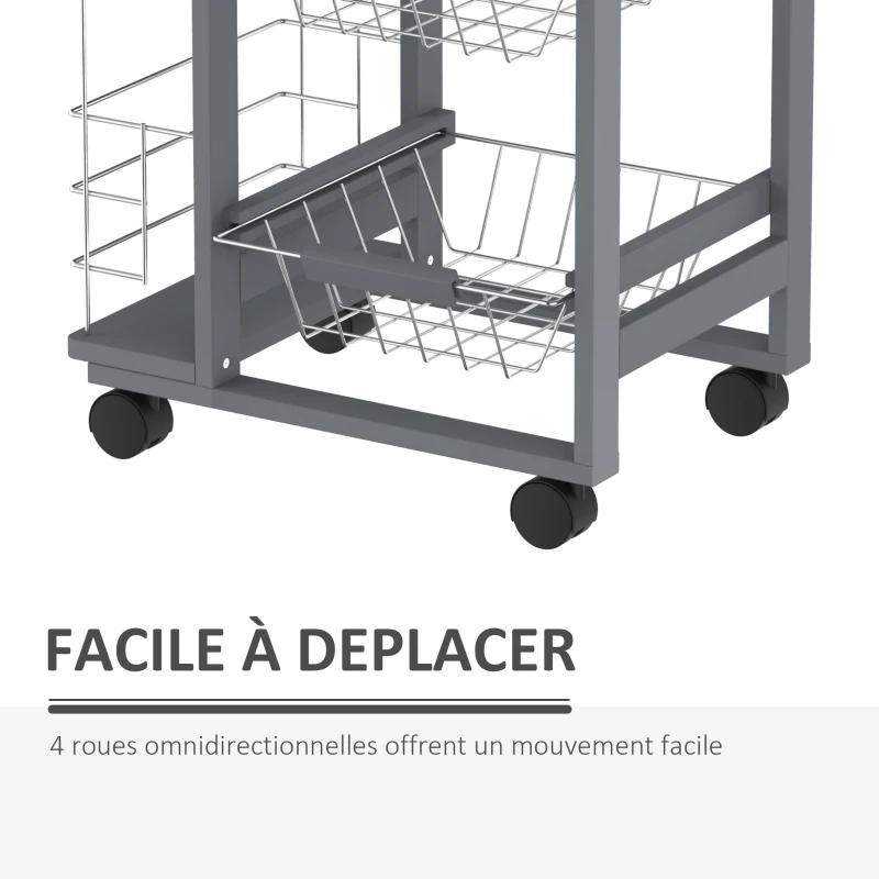 HOMCOM Chariot de service desserte de cuisine à roulettes multi-rangements 3 paniers métal tiroir + 2 range-bouteilles bois pin gris