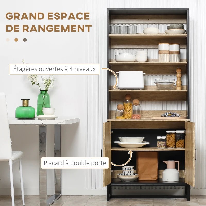 HOMCOM Buffet armoire de cuisine multi-rangements avec placard et étagères réglables en bois et acier 75 x 35 x 175 cm
