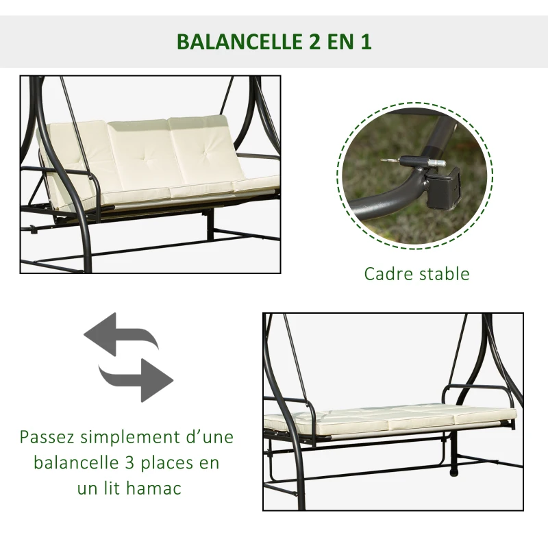 Outsunny Balancelle de Jardin 3 Places Convertible Inclinaison Toit réglable Matelas Grand Confort Rembourrage 8 cm fourni 1,95L x 1,17l x 1,75H m métal époxy Noir crème