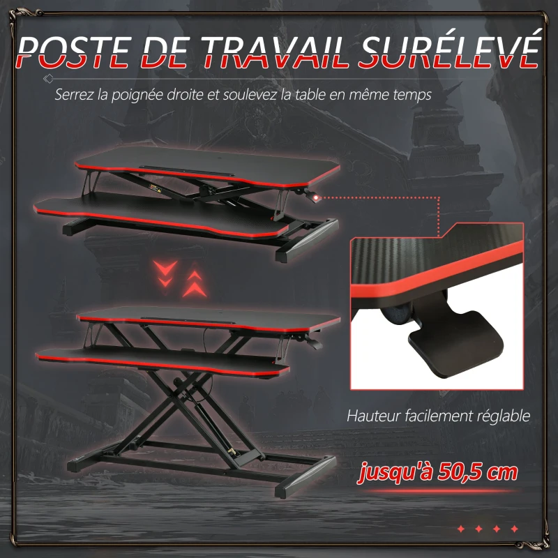 Vinestto Convertisseur bureau assis debout poste de travail réglable en hauteur - support ordinateur avec plateau clavier - acier MDF noir rouge