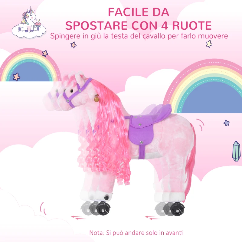 HOMCOM Cavallo a Dondolo per Bambini 2+ Anni con 4 Rotelle, Suoni Realistici e Poggiapiedi, 65x28x75 cm, Rosa