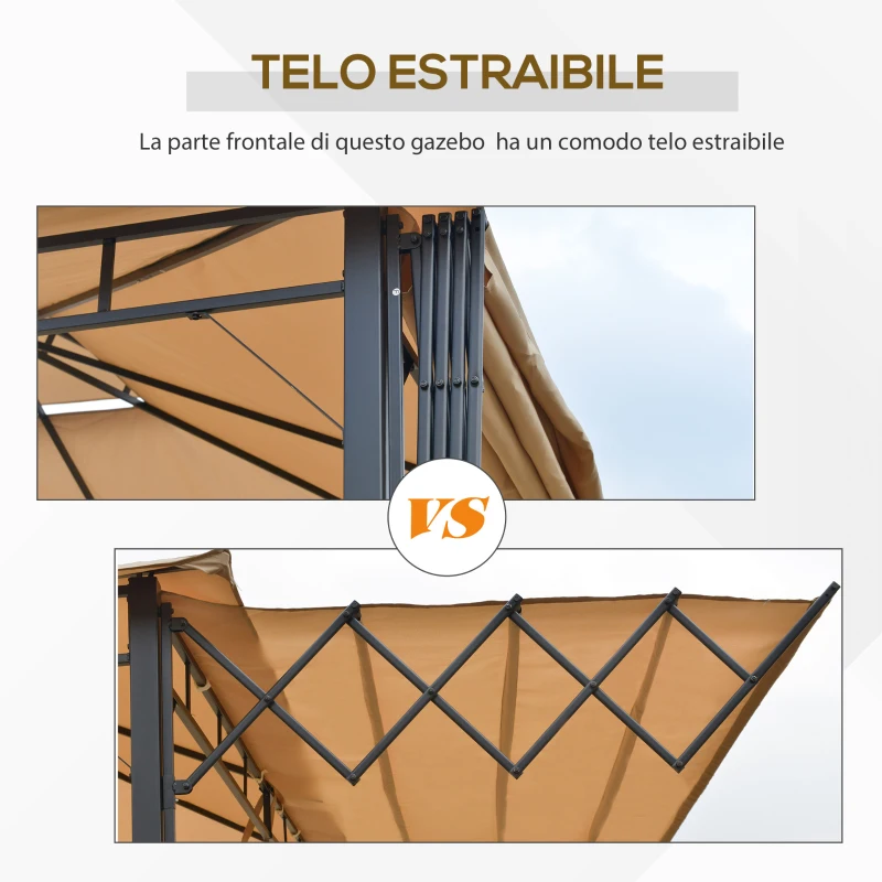 Outsunny Gazebo Pergola da Esterno 3.3x3.3m con Doppio Tettuccio e Telo Estraibile, Marrone Chiaro
