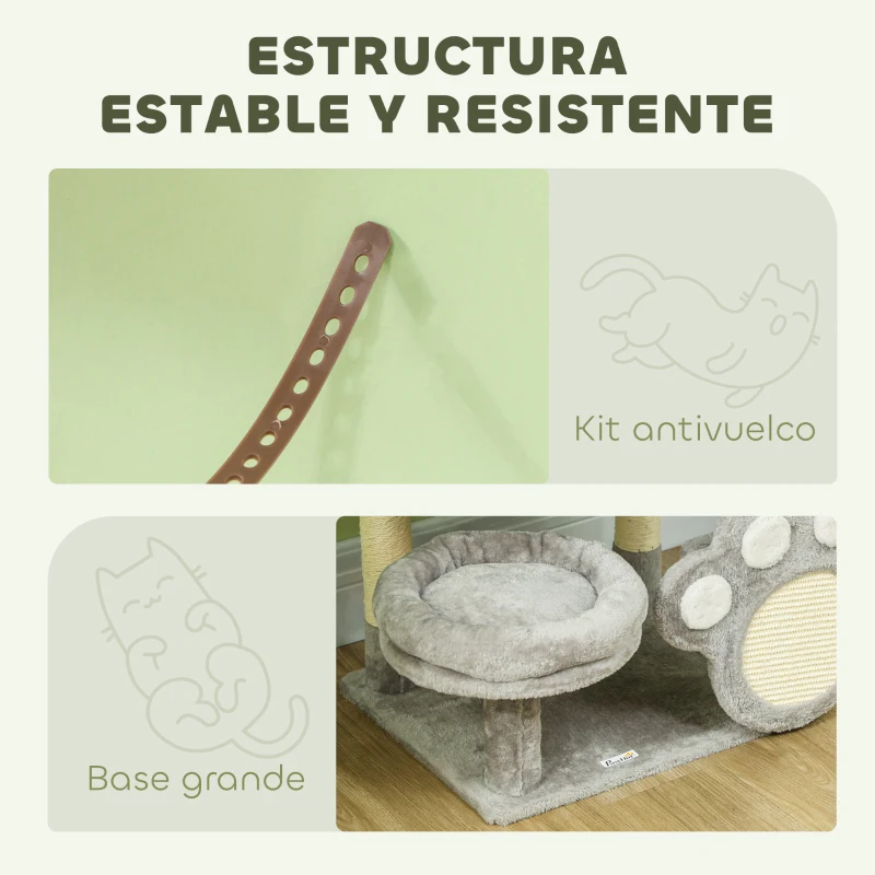 PawHut Árbol para gatos 110 cm Torre para Gatos con Nidos Cueva Plataforma Almohadilla de Rascado Bola Colgante Gris Claro