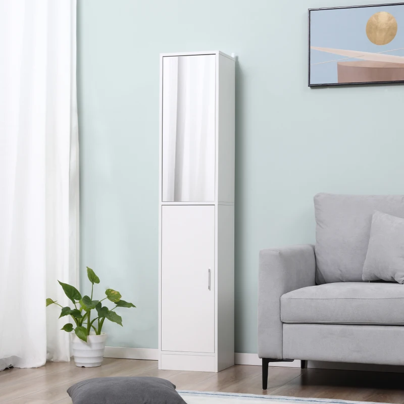 kleankin Tall Bathroom Cabinet with Mirror and Adjustable Shelf - White