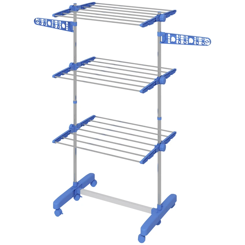 HOMCOM Tendedero Vertical de 3 Niveles con 6 Ruedas 2 Laterales Abatibles Estantes Ajustables y Marco de Acero Inoxidable Azul