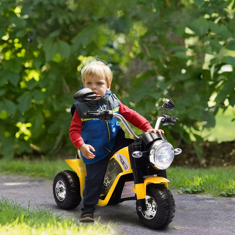 HOMCOM Moto électrique Enfant Chopper Tout-Terrain 6 V 20 W Marche AV AR 3 Roues Effets Lumineux et sonores Jaune Noir