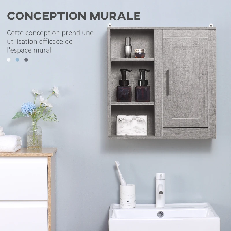 kleankin Meuble Mural Meuble de Rangement Suspendu Armoire Murale pour Salle de Bains Placard de Rangement Armoire de Toilette avec étagères et Une Porte - 48 x 20 x 50 cm - Gris