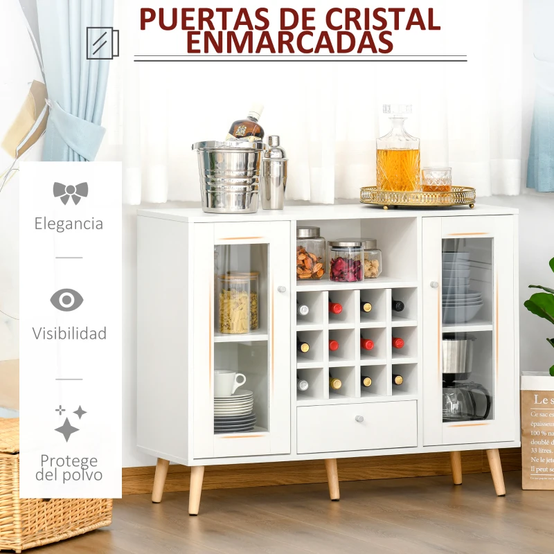 HOMCOM Aparador de Cocina con Botellero Cajón Estante Abierto y 2 Armarios con Puertas de Cristal 100x33x80 cm Blanco
