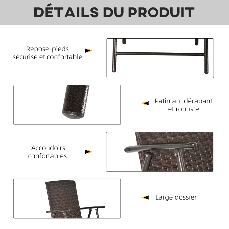 Outsunny Tabourets de bar pliable style colonial - lot de 4 tabourets de bar - repose-pied + accoudoirs - métal époxy résine tressée chocolat