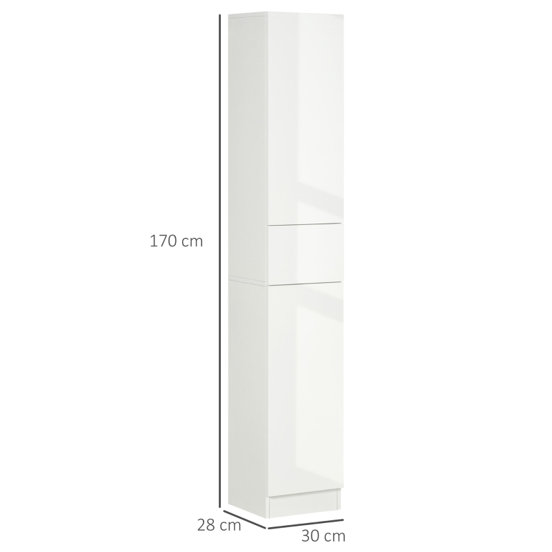 kleankin Colonna Bagno con Cassetto e 2 Armadietti Bianco Lucido, 30x28x170cm