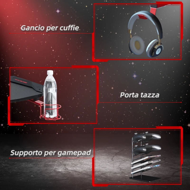 HOMCOM Scrivania PC Postazione Gaming con Gancio per Cuffie e Porta Tazza, Metallo e Legno, 122x66x96cm, Nero e Rosso