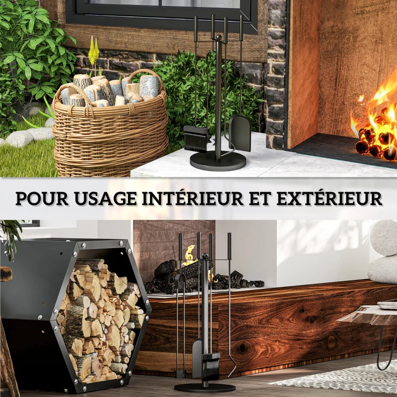 Outsunny Ensemble serviteur de cheminée, serviteur de cheminée à 5 pièces, balai pelle pince tisonnier et support, métal, noir