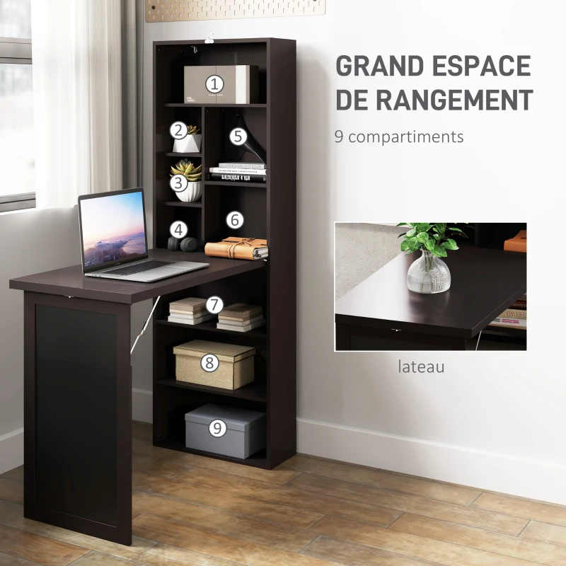 HOMCOM Bureau avec rangement pliable murale rabattable avec bibliothèque poste de travail tableau à craie et étagère réglable(m-5)