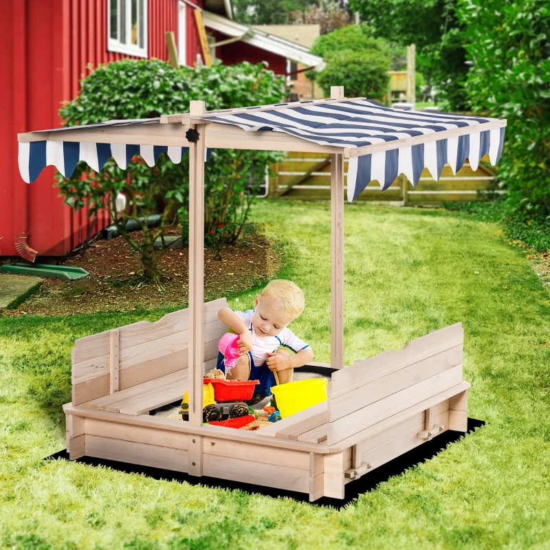 Outsunny Arenero Infantil con Toldo Ajustable en Altura 2 Bancos y Respaldos Desmontables para Patio 106x106x115 cm Natural
