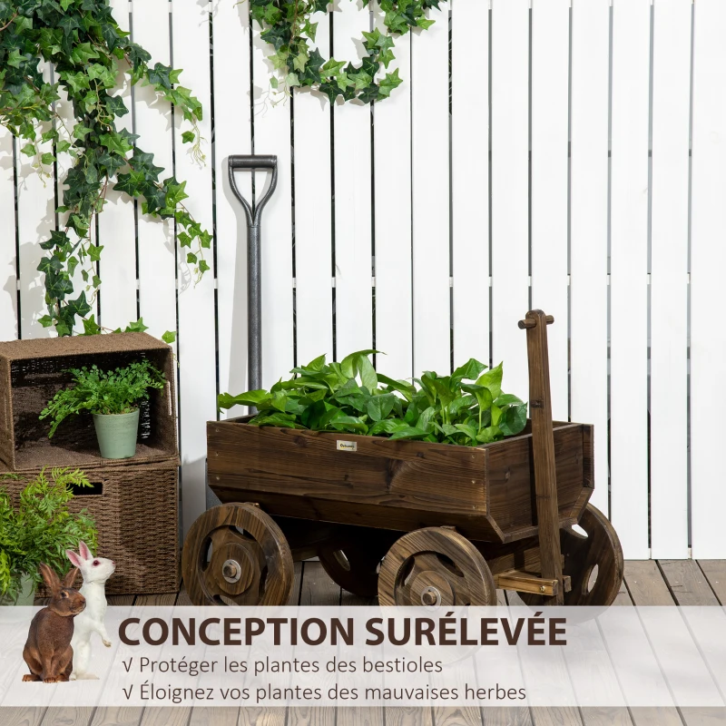 Outsunny jardinière design charrette avec 4 roues et poignée - carré Potager dim. 93L x 55l x 137H cm - Bois Sapin