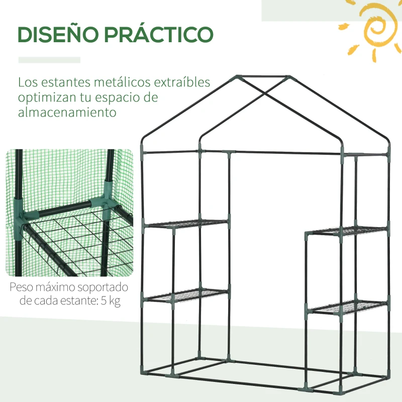 Outsunny Invernadero de Jardín 141x72x191 cm Vivero Casero con 4 Estantes Puerta Enrollable Cubierta de PE 140g/m² y Marco de Acero para Cultivos Plantas Macetas Flores Verde
