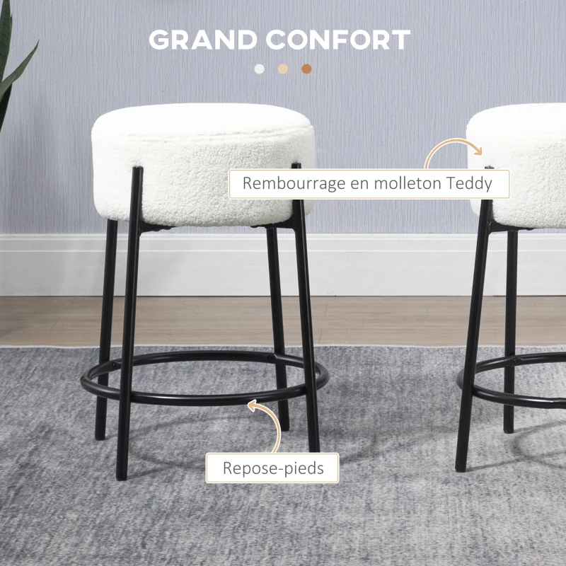 HOMCOM Lot de 2 tabourets de bar avec repose-pieds acier et revêtement effet laine bouclée hauteur 62 cm blanc et noir