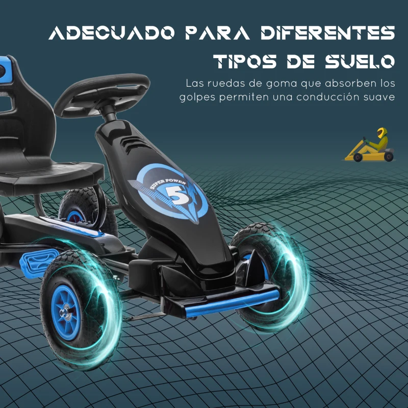 HOMCOM Go Kart a Pedales Infantil con Asiento Ajustable Neumáticos Inflables Amortiguador y Freno de Mano 121x58x61 cm Azul