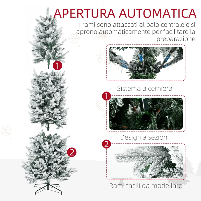 HOMCOM Albero di Natale Innevato 225cm con 988 Rami e Base in Acciaio per Interni con Apertura Automatica