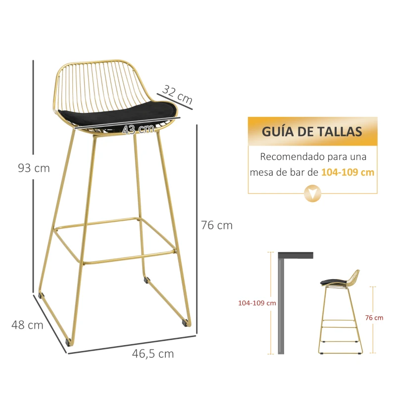 HOMCOM Juego de 2 Taburetes Altos de Cocina Taburetes de Bar con Cojín de Terciopelo Respaldo y Reposapiés 46,5x48x93 cm Dorado