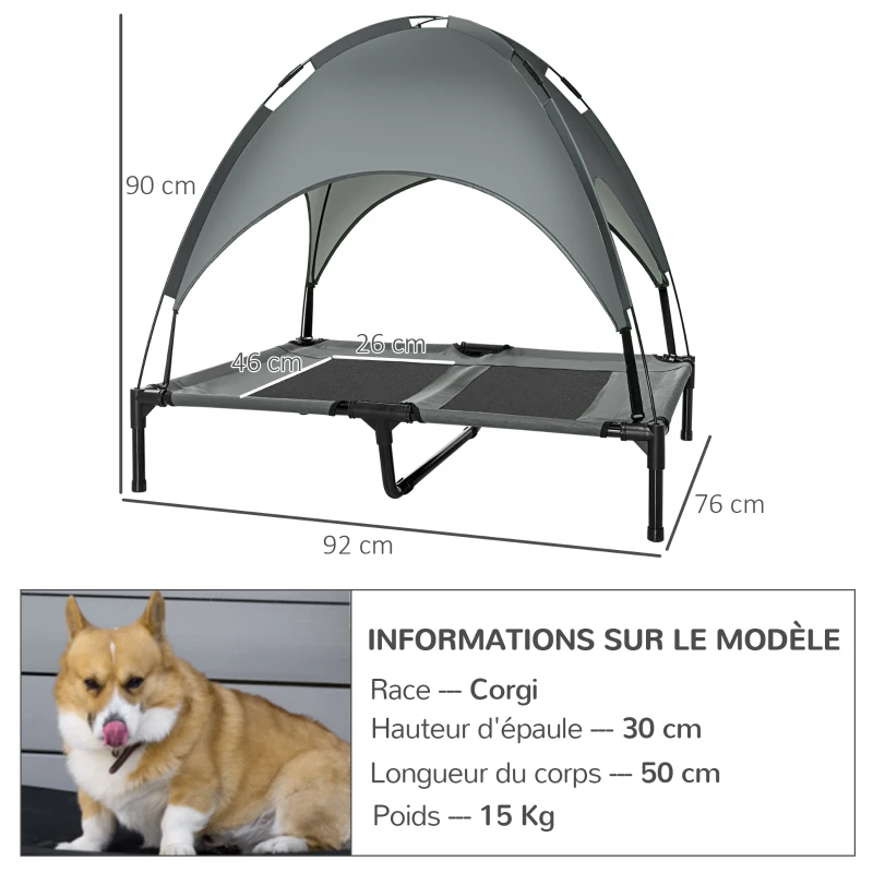 PawHut Lit pour chien chat sur pieds grand confort velum anti-UV tissu oxford micro-perforé + parasol + sac de transport inclus dim. 92L x 76l x 90H cm gris noir