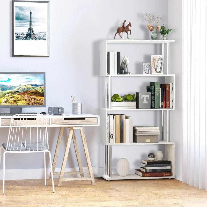 HOMCOM Bibliothèque étagère Design Contemporain en S 4 Niveaux 80L x 30l x 145H cm Coloris Blanc