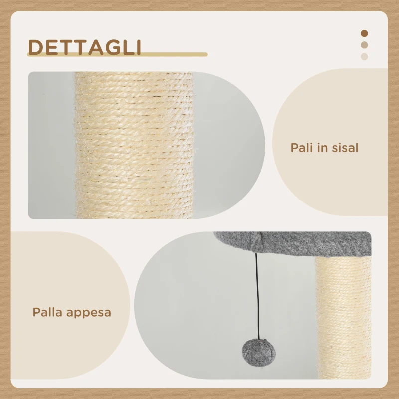 PawHut Tiragraffi per Gatti Multi-attività Morbido con Cuccia Palla Cestino Sospeso in Sisal Peluche Grigio 61x49x160.5cm