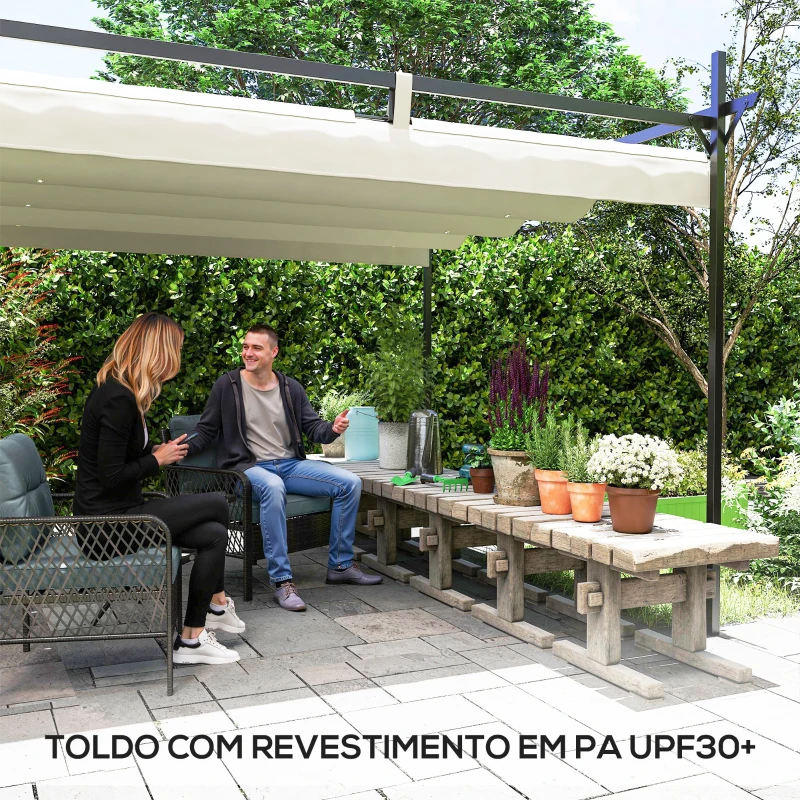 Outsunny Pérgola com Teto Retrátil de Alumínio 588x297x230 cm Pérgola com Tecido de Poliéster Anti UV Pérgola de Jardim Creme